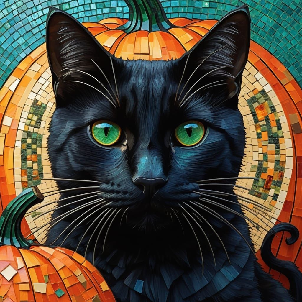 Mosaic Black Cat Beside Pumpkin in Byzantine Style
