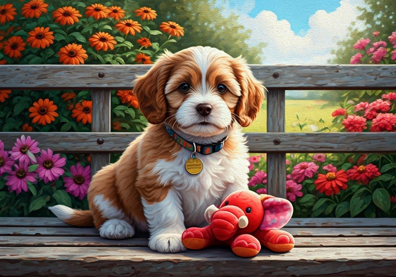 Vibrant Oil Painting of Havanese Puppy with Elephant Toy in ...