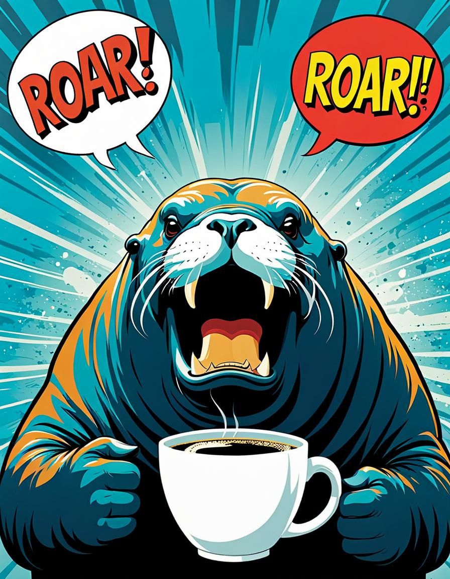 Friendly Walrus Roaring Yawn in Comic Book Style