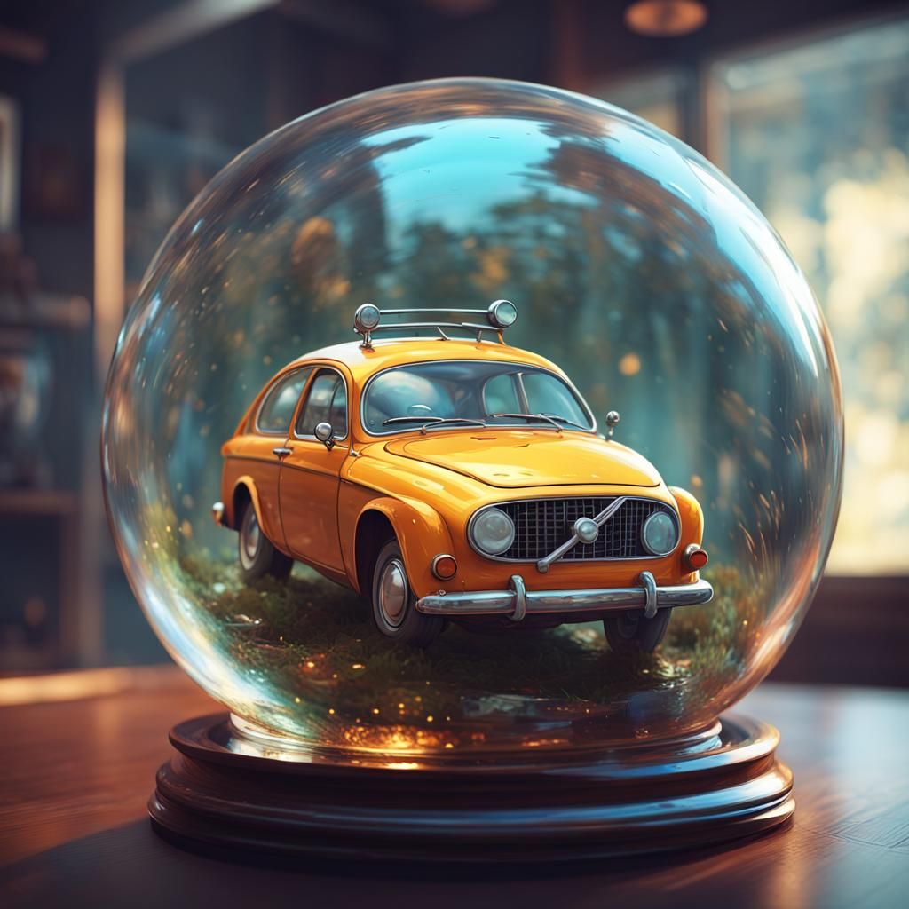 Volvo in Glass Sphere: Chibi Digital Art