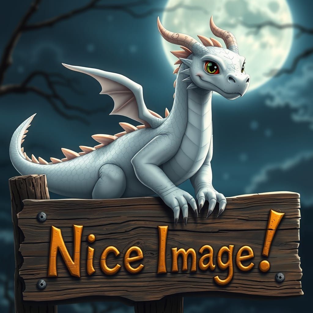 Epic Fantasy Dragon Sitting on a Weathered Sign Under a Moon...