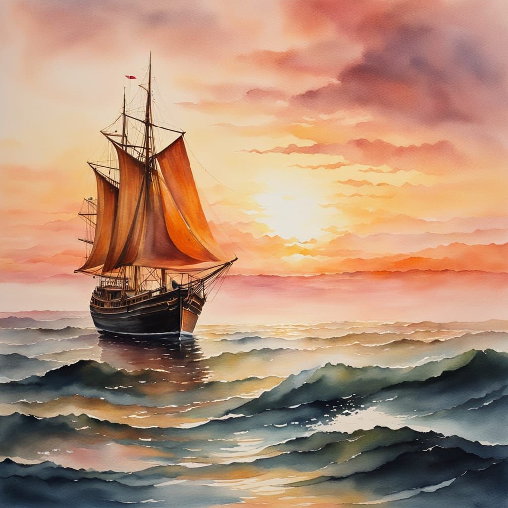 Vibrant Watercolour Ship Sailing Across Sunset Sea