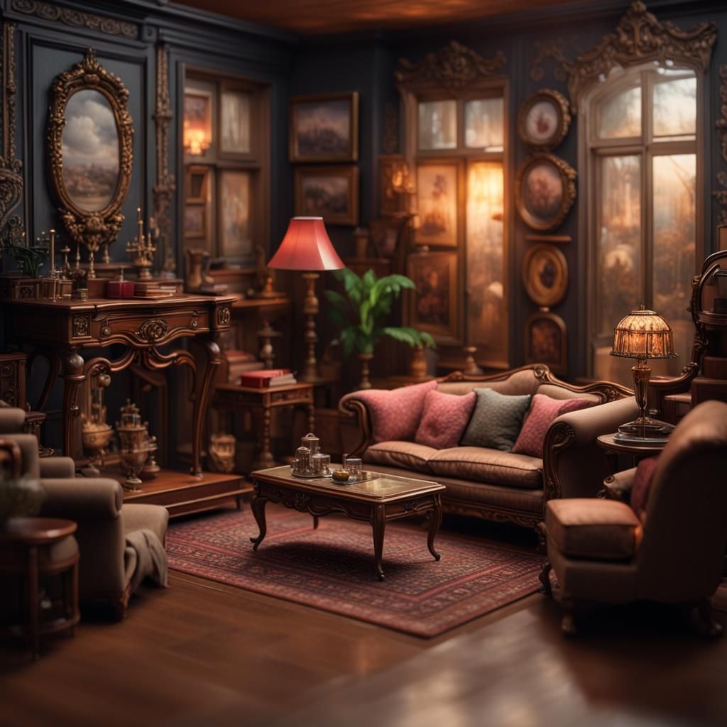 Detailed Dollhouse Living Room: Digital Matte Painting