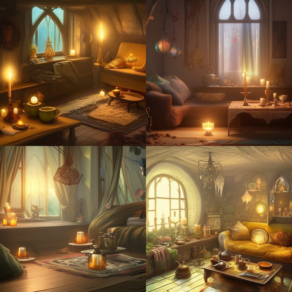 Inviting Elven Living Room with Magic Crystal Lamps