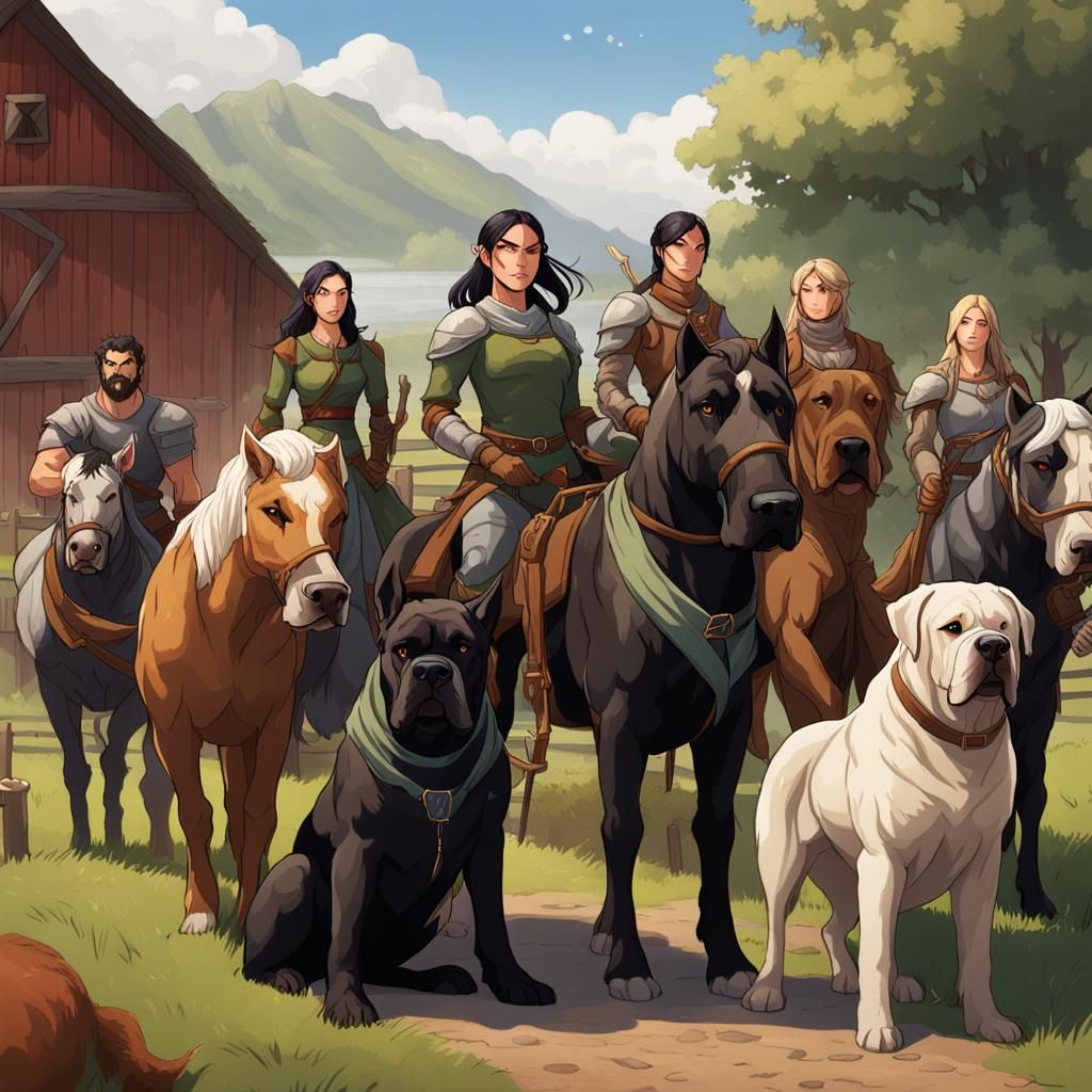 Half-Elf and Half-Orc Women with Animals on Farm