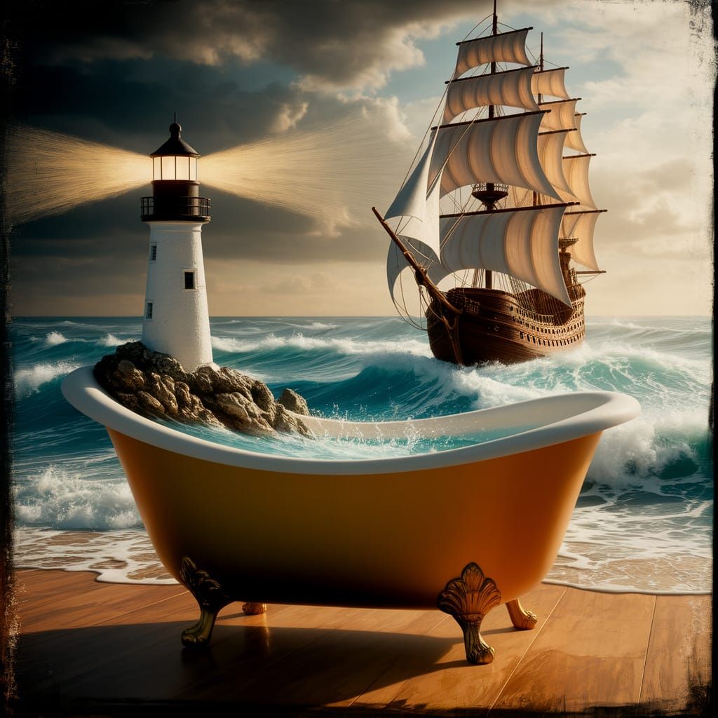 Miniature Lighthouse and Pirate Ship in Bathtub