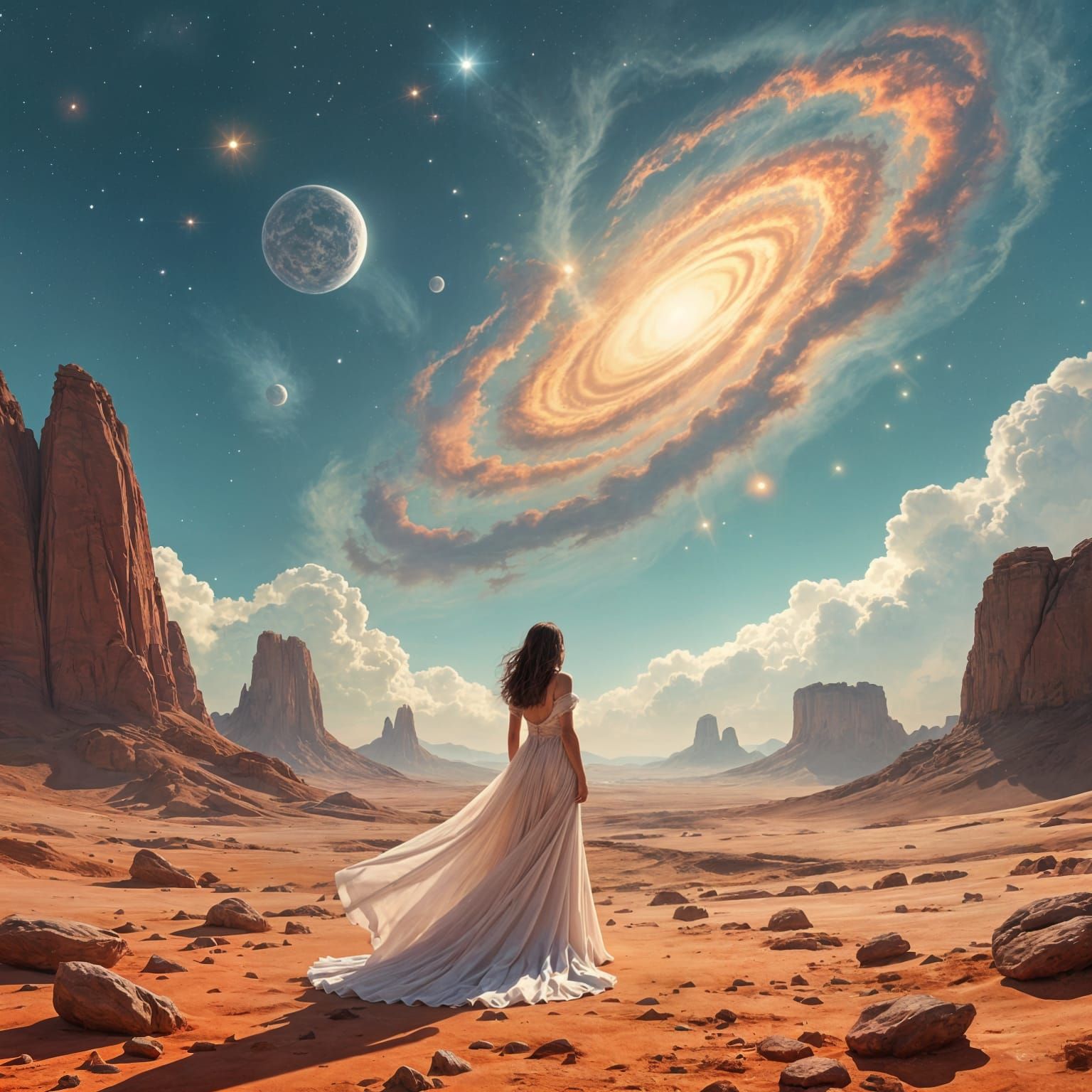 Woman Gazing at Alien Sky in Digital Painting Style