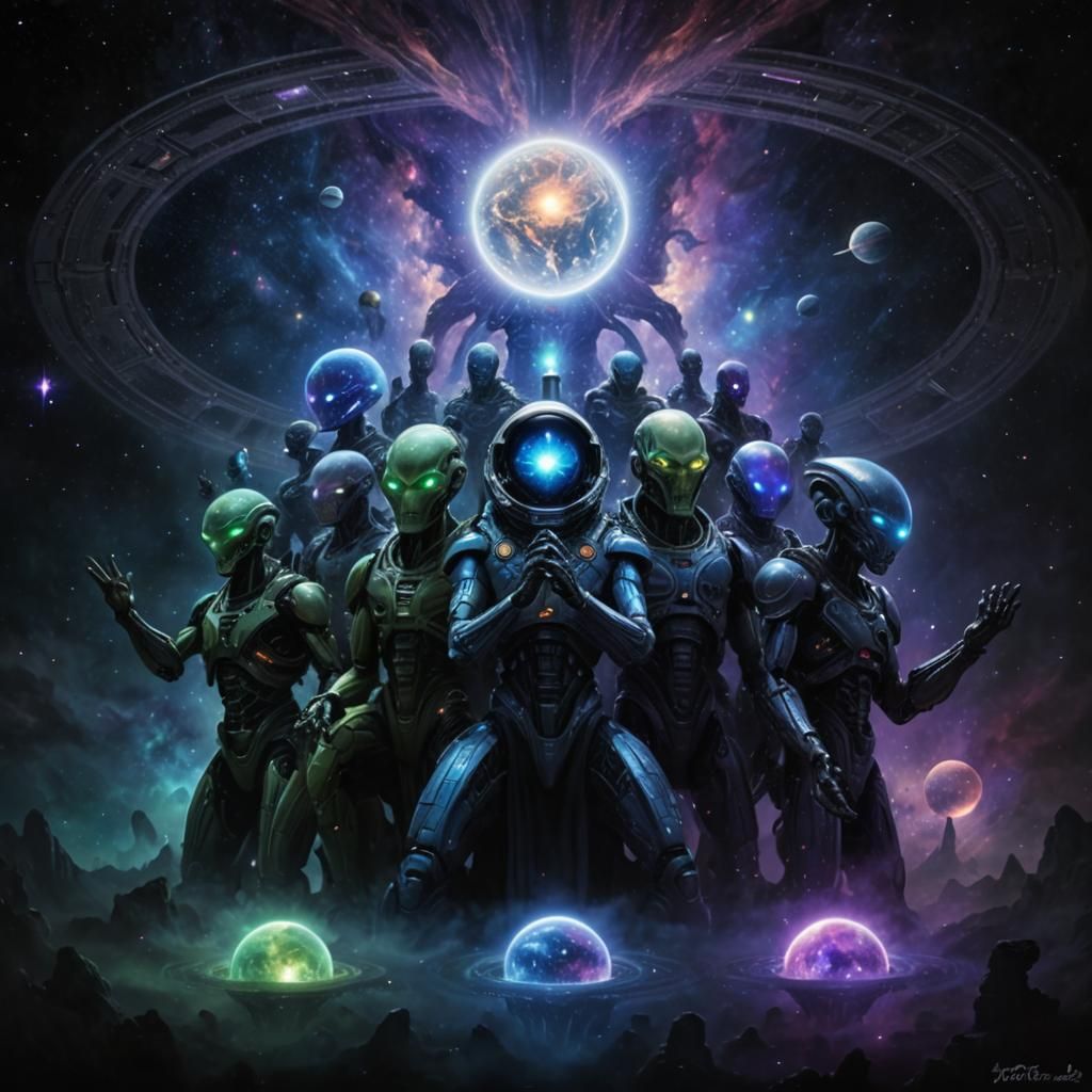 Aliens and Robots Worship Divine Nebula Orb