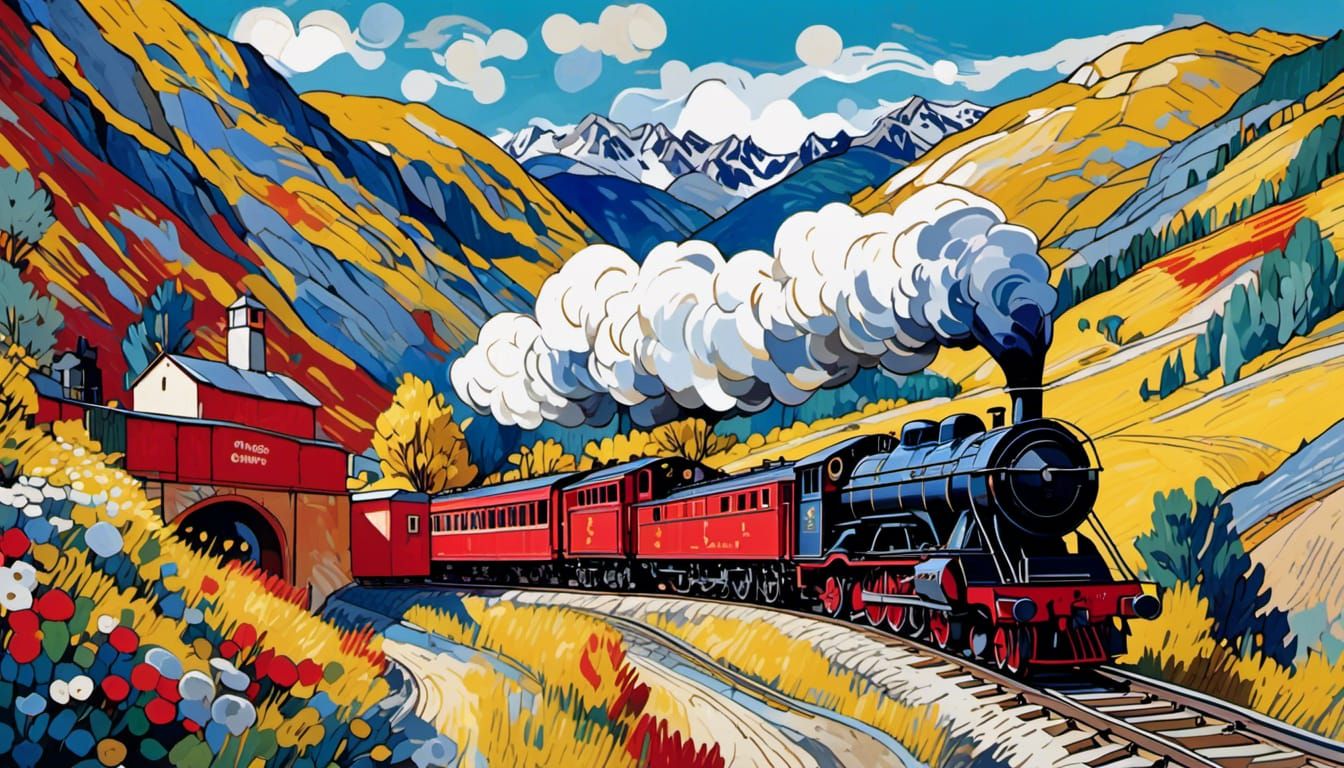 Steam engine train red coming out of a tunnel in the mountai...