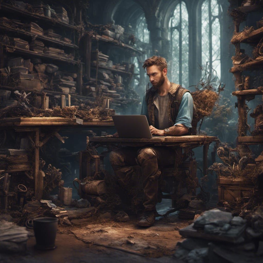 Tired Man Working: Detailed Matte Painting