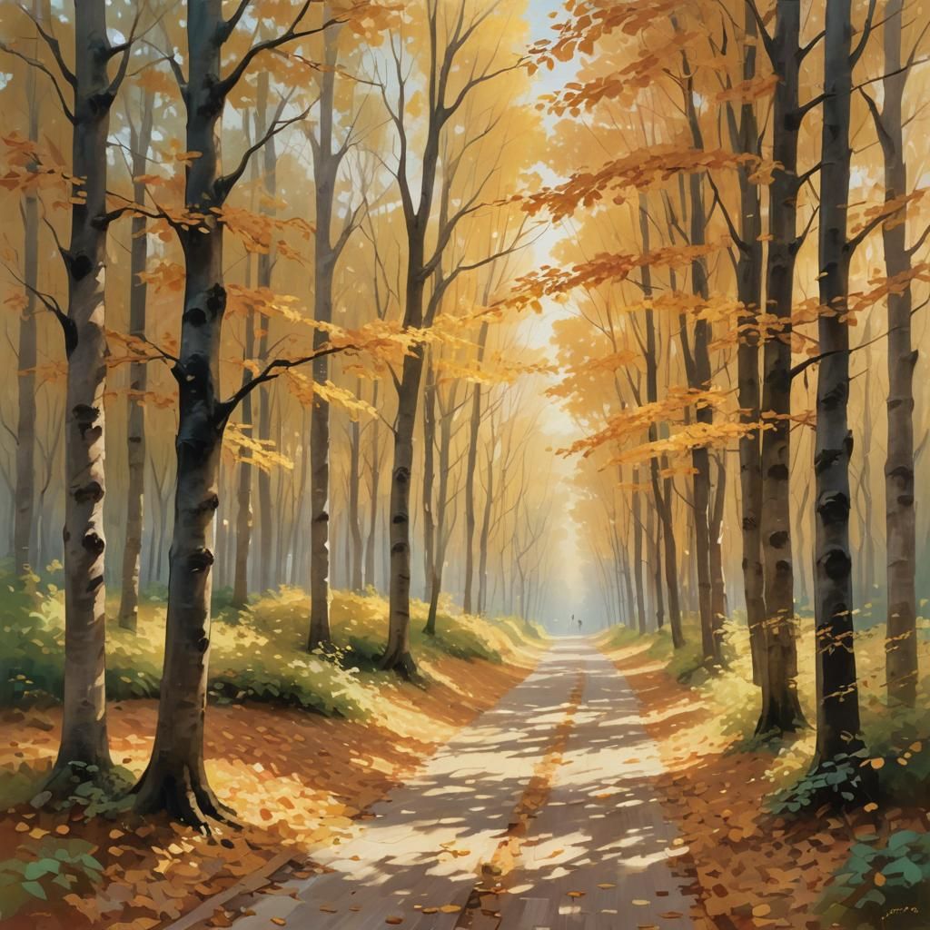 Golden Autumn Forest Path: Impressionist Landscape