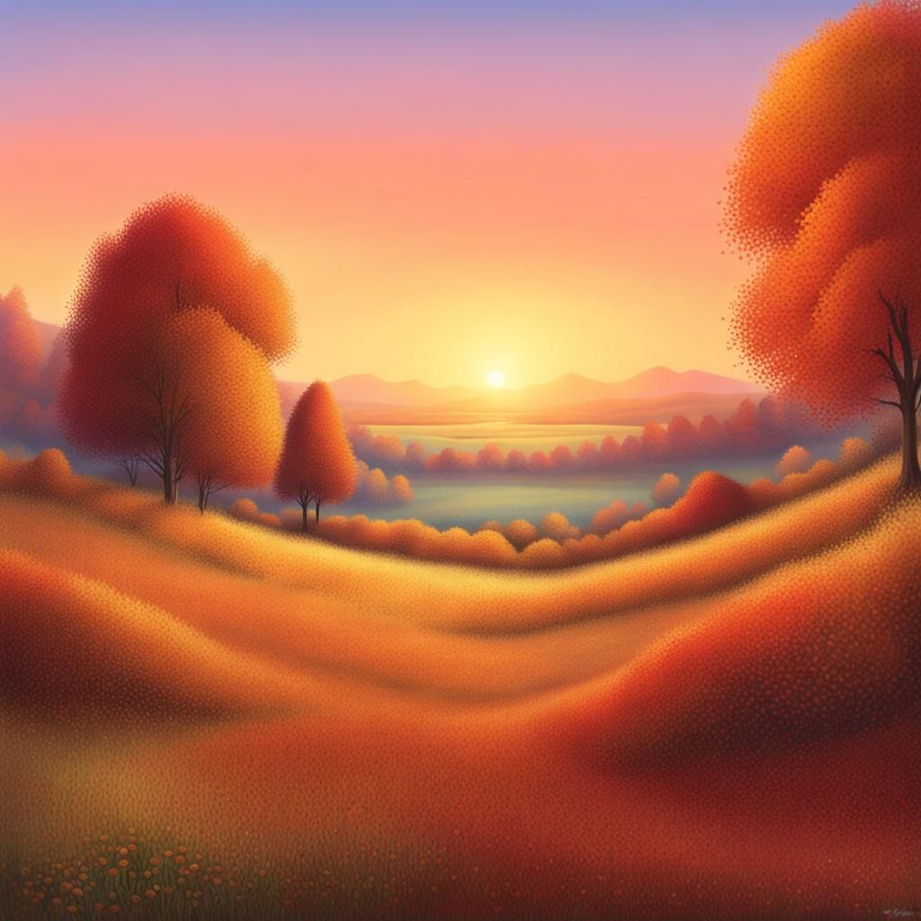 Pointillist Meadow at Sunset in Autumn Colors