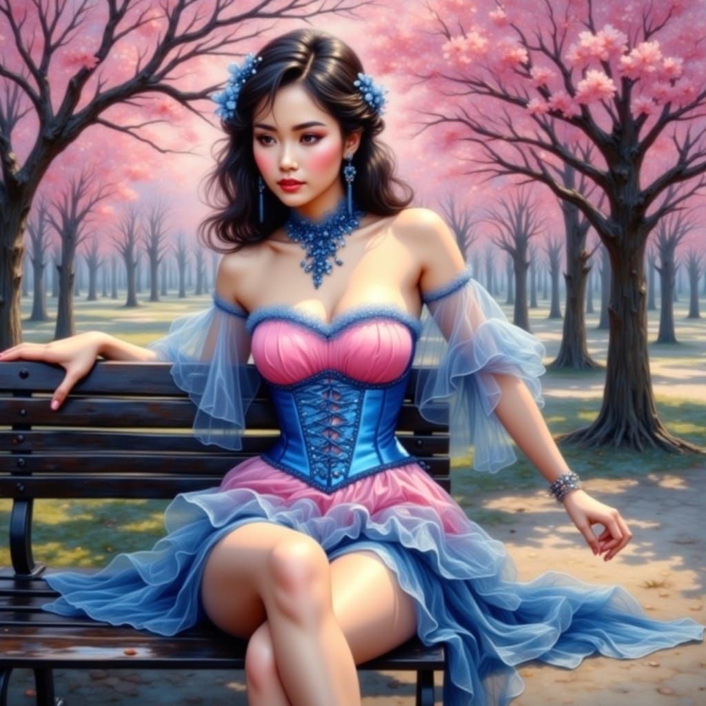 <lora:Flux Oil and Glory:1.0> beautiful Vietnamese woman wearing pink latex corset with royal blue laces and lace trim g...