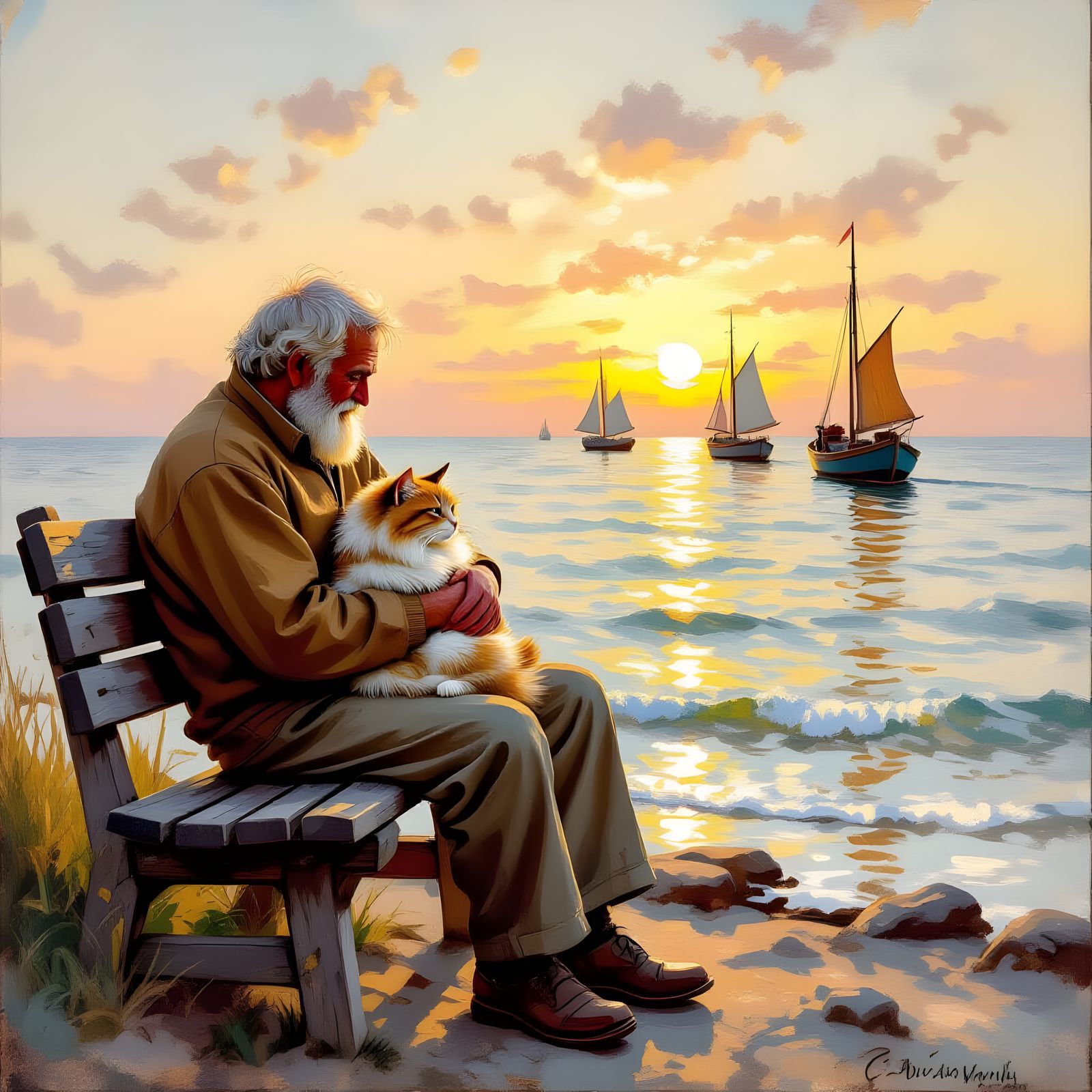 Old Man and Cat on Seaside Bench with Fishing Boats