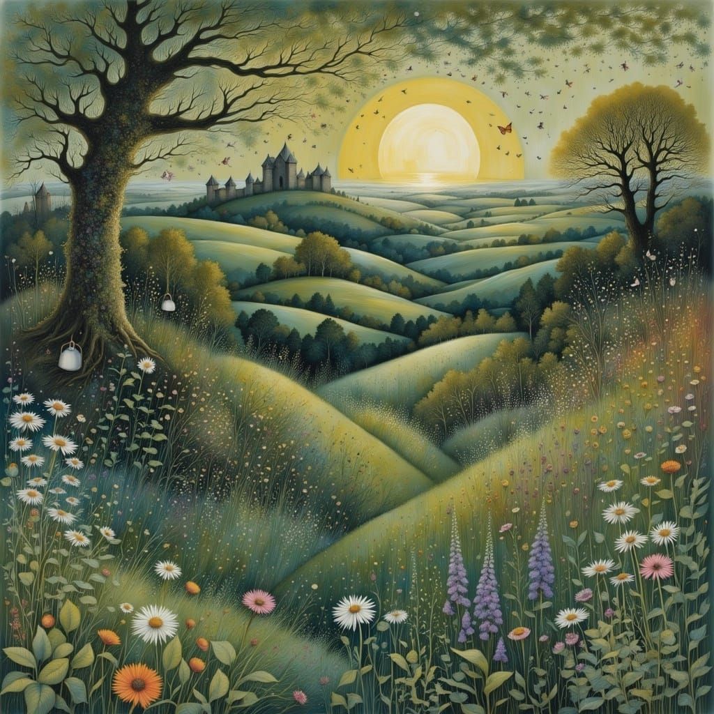 Dreamy Landscape with Whimsical Forest and Gentle Sky