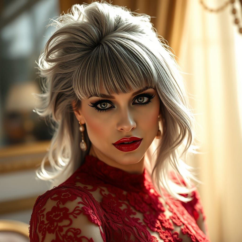 Sultry Elegant Woman in Grey Hairdo and Red Dress