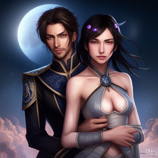 Anime Characters Portrait with Moon, Butterflies and Lightni...