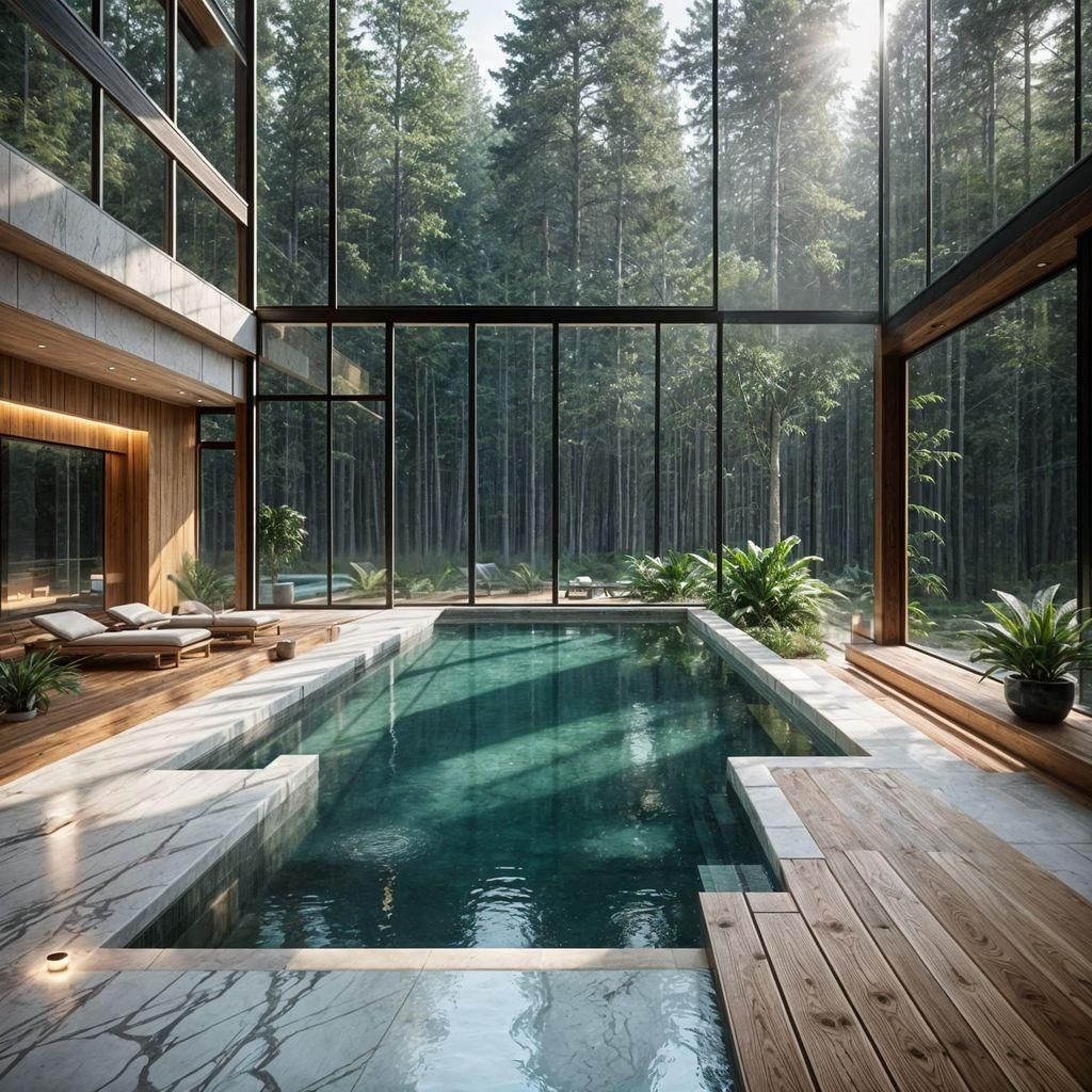 Minimalist Indoor Pool with Forest View