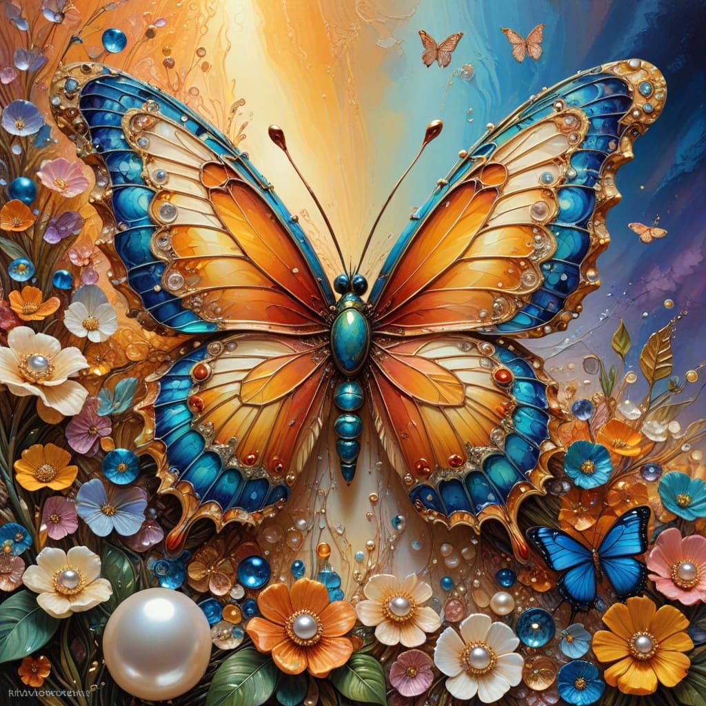 Whimsical Pearl Butterfly in Vibrant Sunset Hues