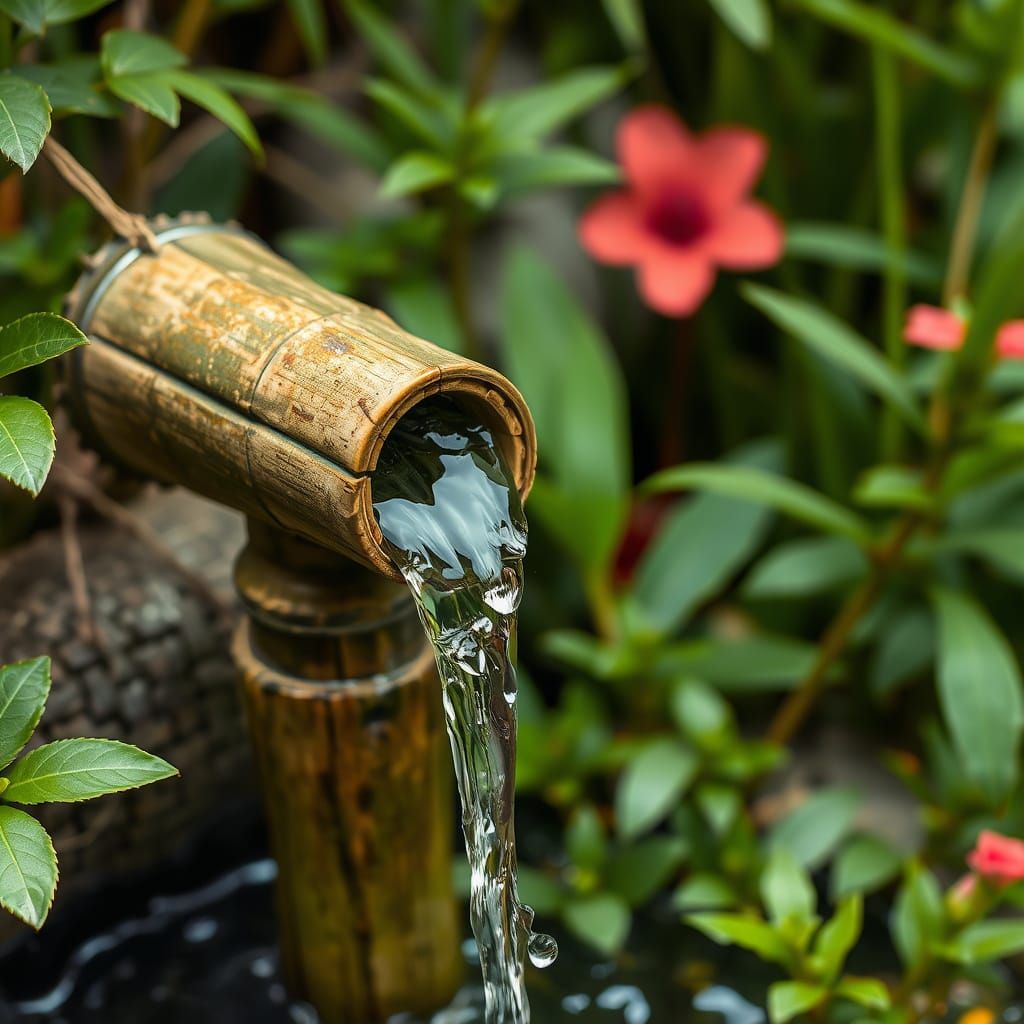Water Erupts from a Worn Bamboo Spout