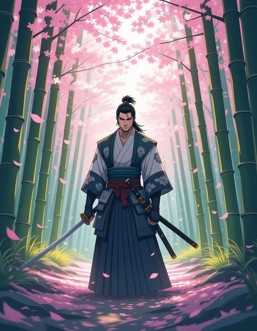 Samurai in Bamboo Forest: Anime Cel-Shaded Style