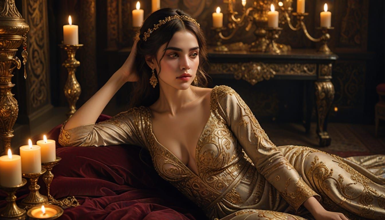 Seductive Fantasy Goddess in Candlelit Elegance