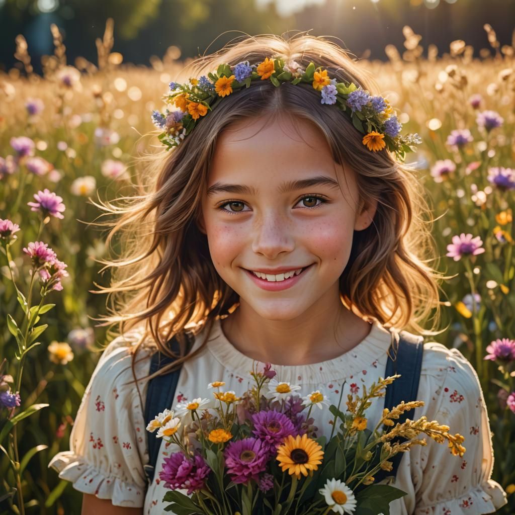 Smiling Girl with Flowers in Sunlit Field
