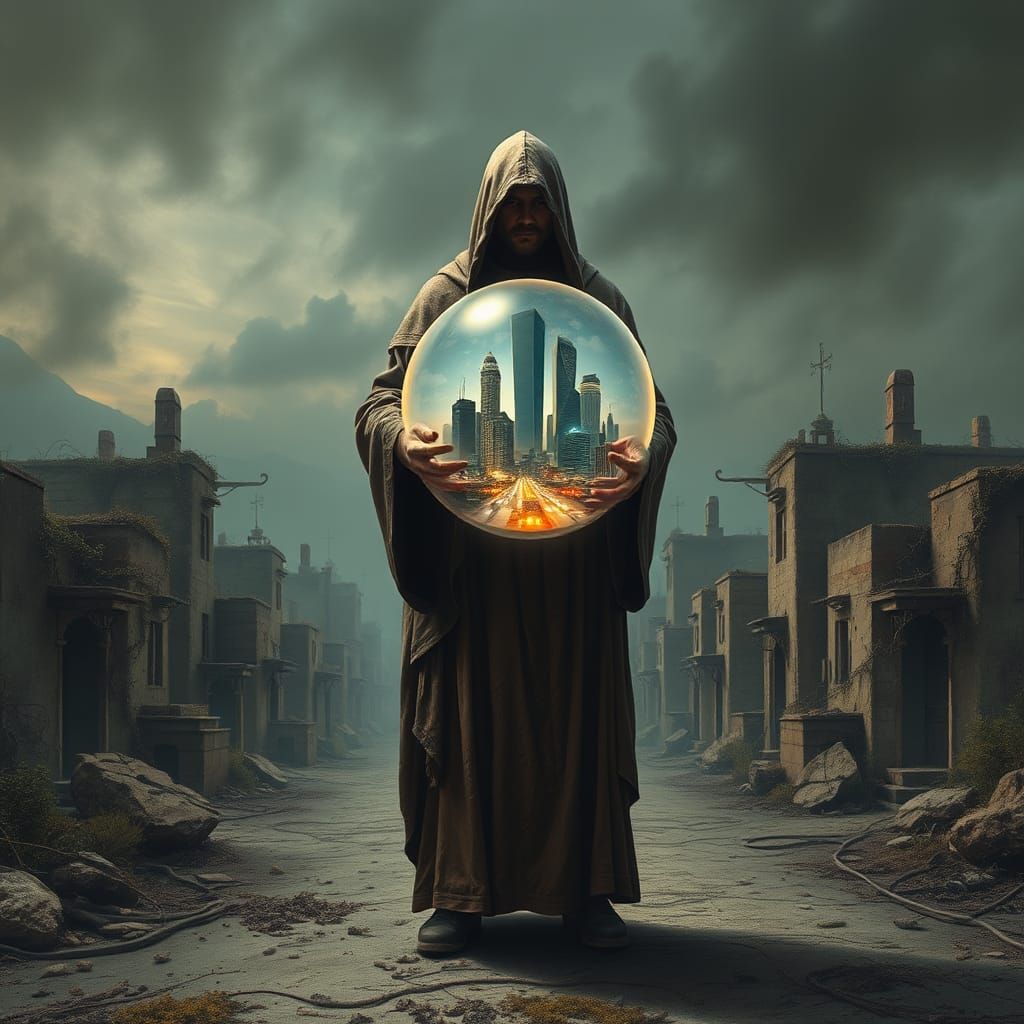 Ethereal Orb Cityscape in Abandoned Town