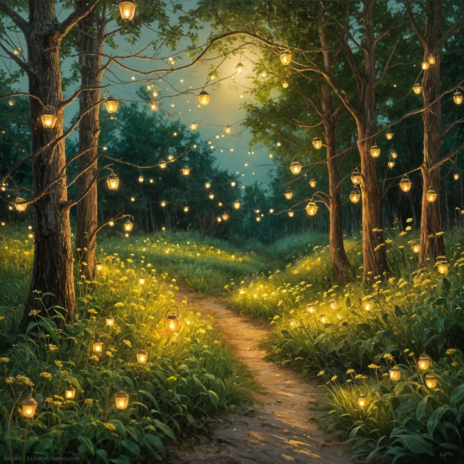 Whimsical oil painting. Medium shot. A family of fireflies i...