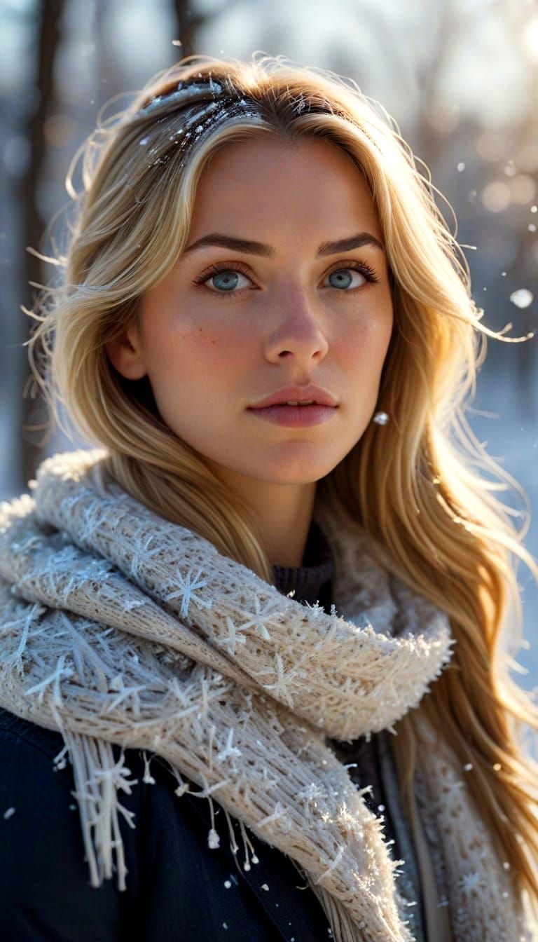 Winter Portrait of Woman in Knitted Dress and Fur Jacket