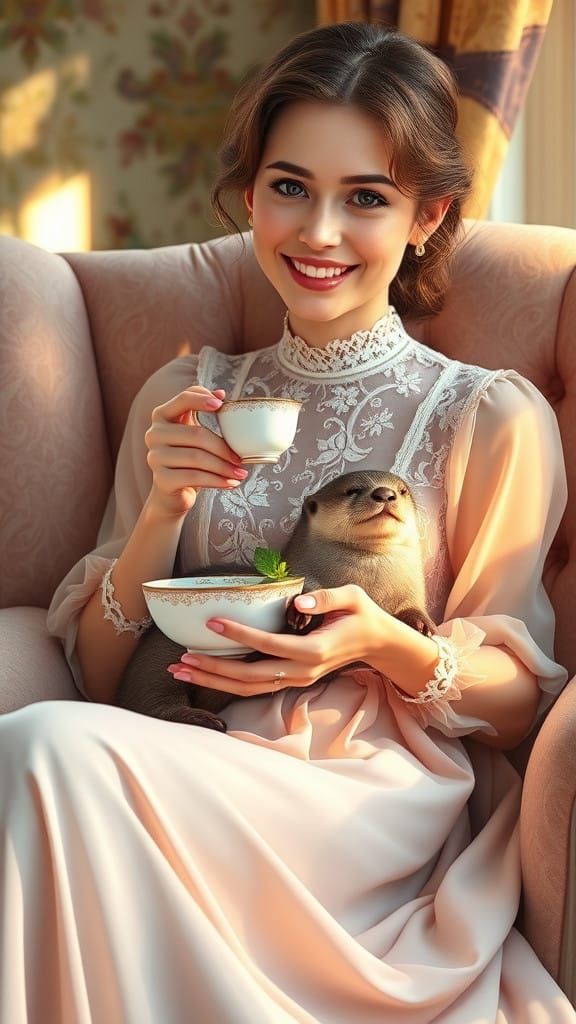 Serene Young Mother Enjoys Tea with Baby Otter in Velvet Arm...