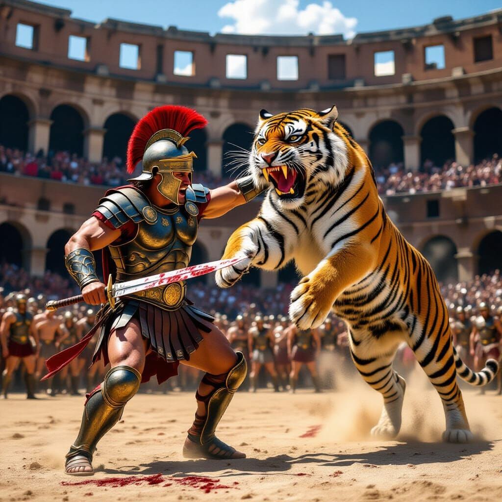 Gladiator's Last Stand Against Tiger in Roman Coliseum