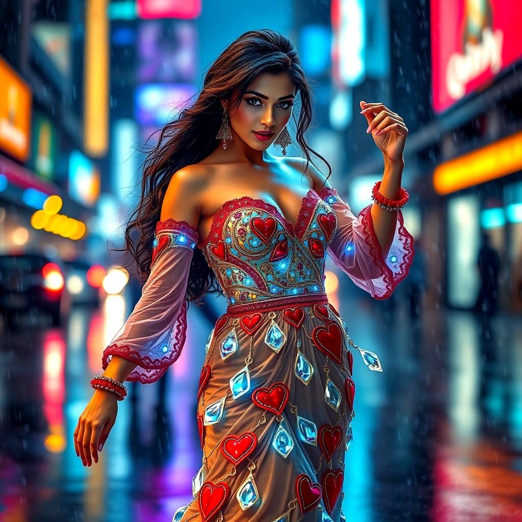 Sizzling Bollywood Starlet Dances in Rainy Cityscape with Vi...