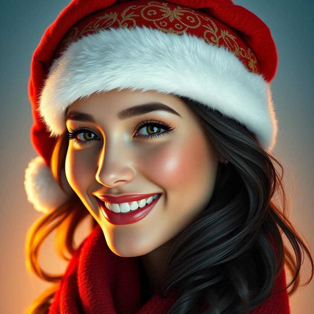 Vibrant Woman in Santa Hat, Photo-Realistic Portrait