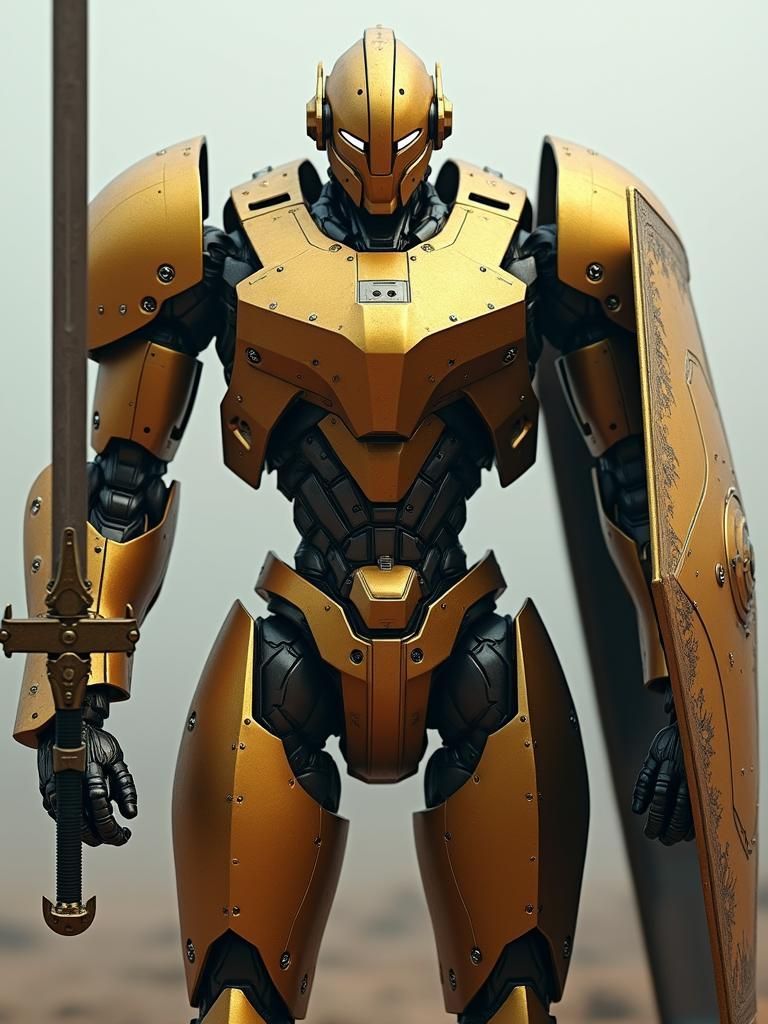 Golden Armored Mecha Robot with Sword and Shield