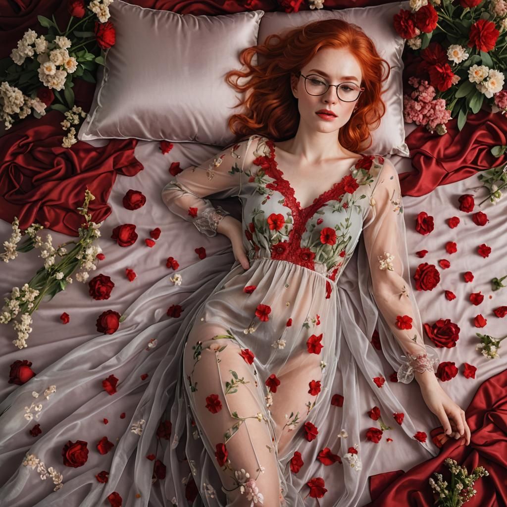 Red-Haired Woman Sleeping in Silk and Flowers