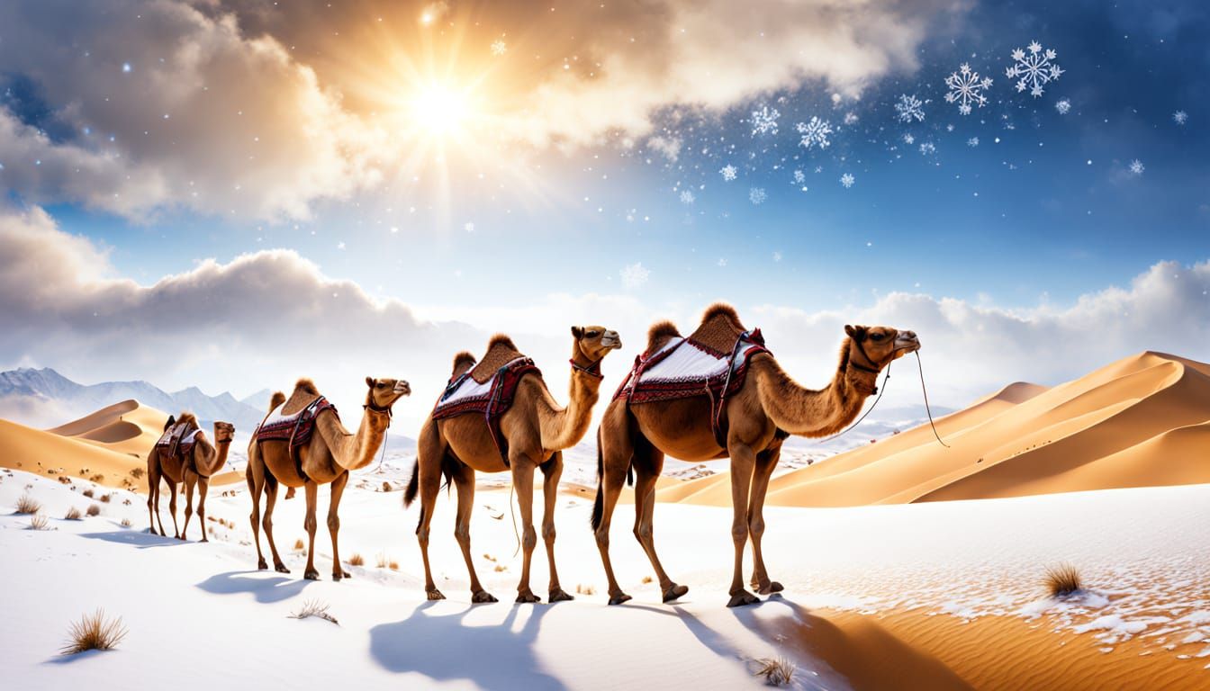 Sahara Desert Snowfall: Camels in a Winter Wonderland