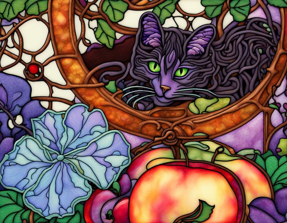 Art Nouveau Garden with Violets and Apples