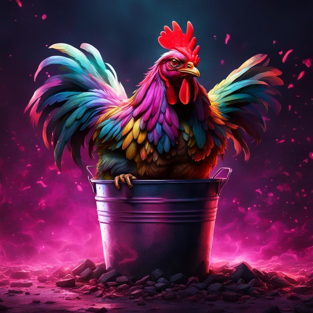 Colorful Chicken in Bucket, Dark Fantasy Digital Art