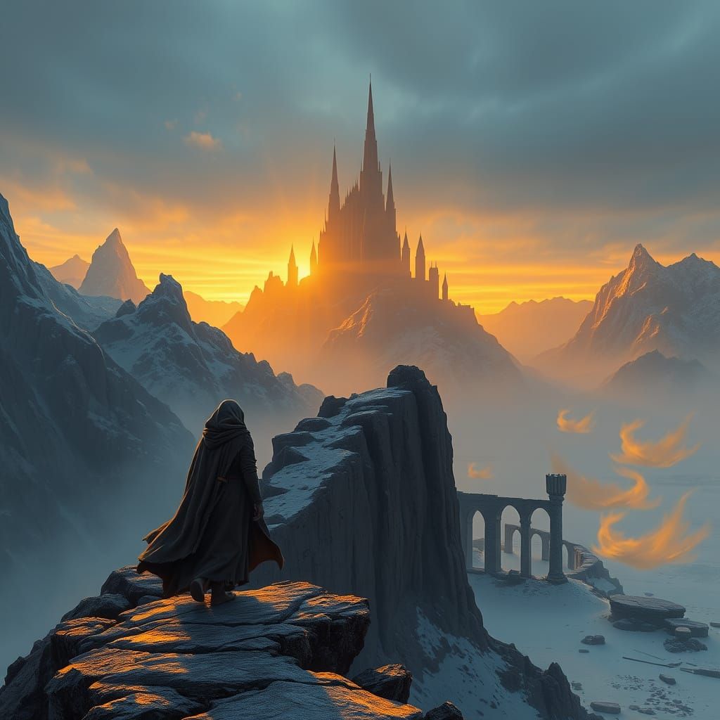 Ancient Citadel Towers Above Frostbitten Mountains in Golden...