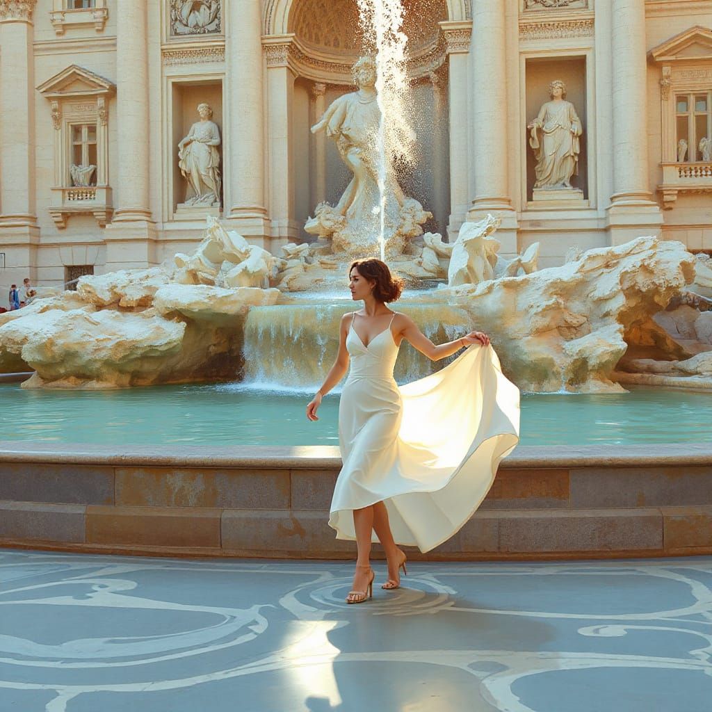 Woman Dancing in Trevi Fountain, Art Nouveau Style