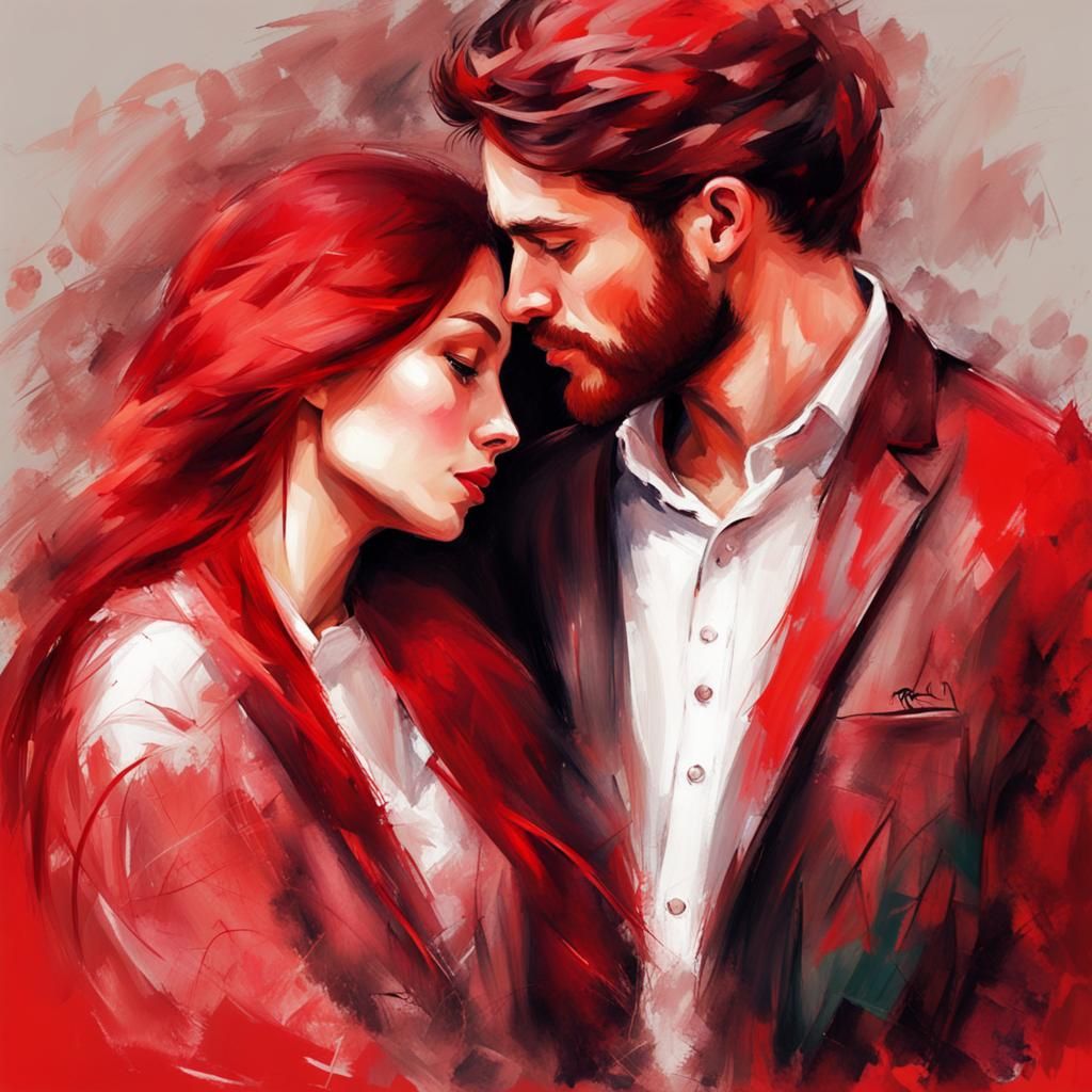 Beautiful Couple in Red Impressionism Style