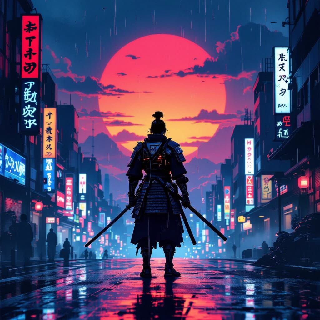 Cyber Samurai Against Neon Tokyo Sunset
