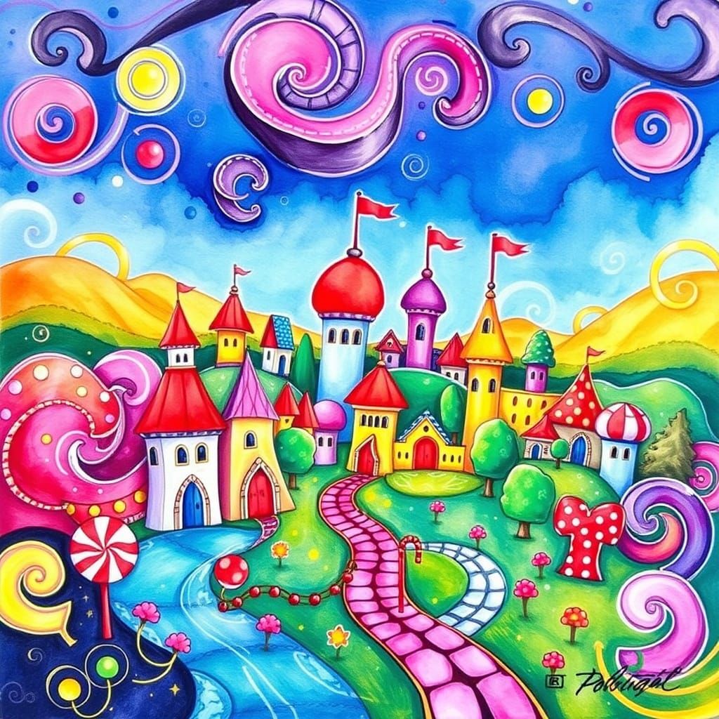 Vibrant Candyland Wonderland with Gouache Swirls
