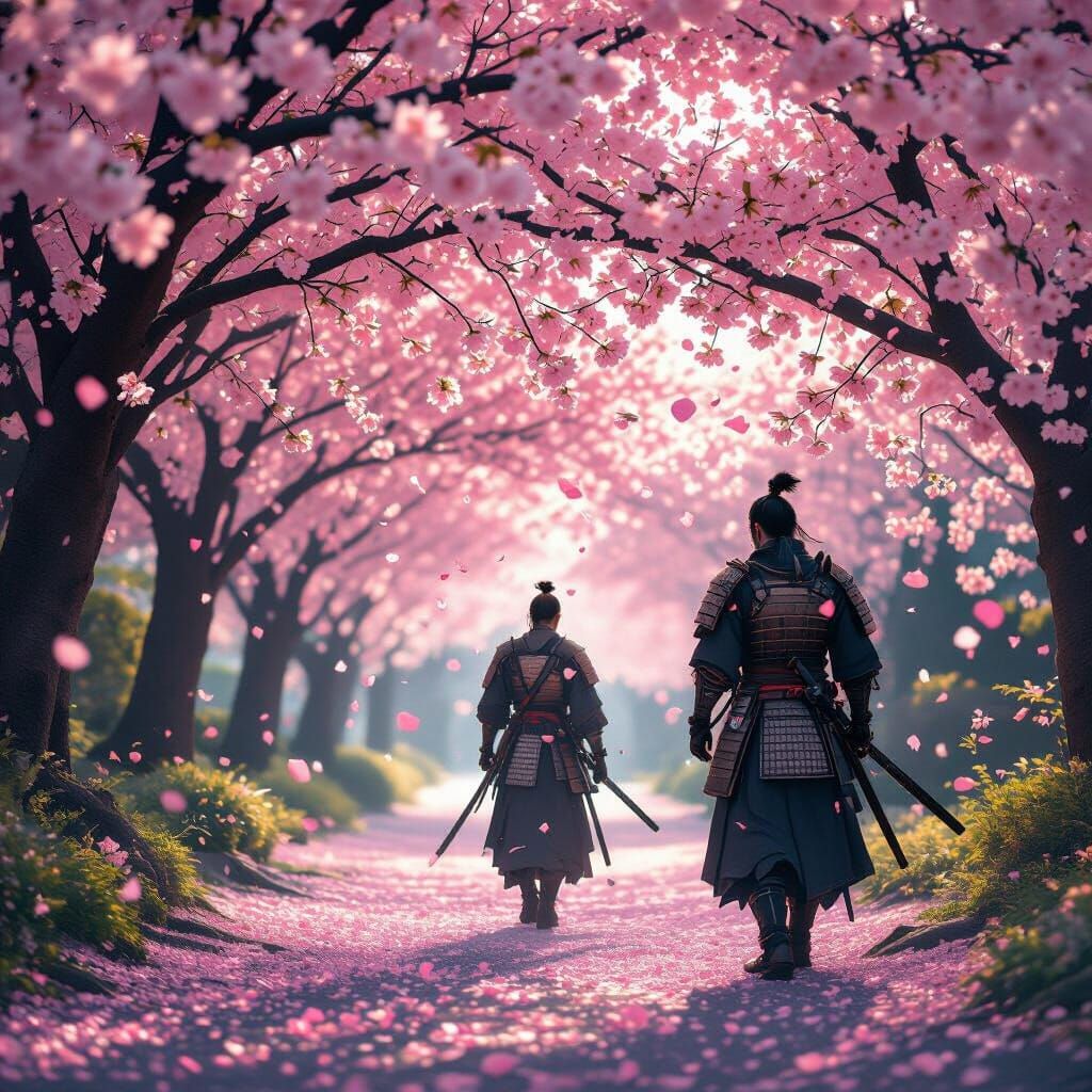 Samurai Walks Under Cherry Blossoms in Ukiyo-e Style