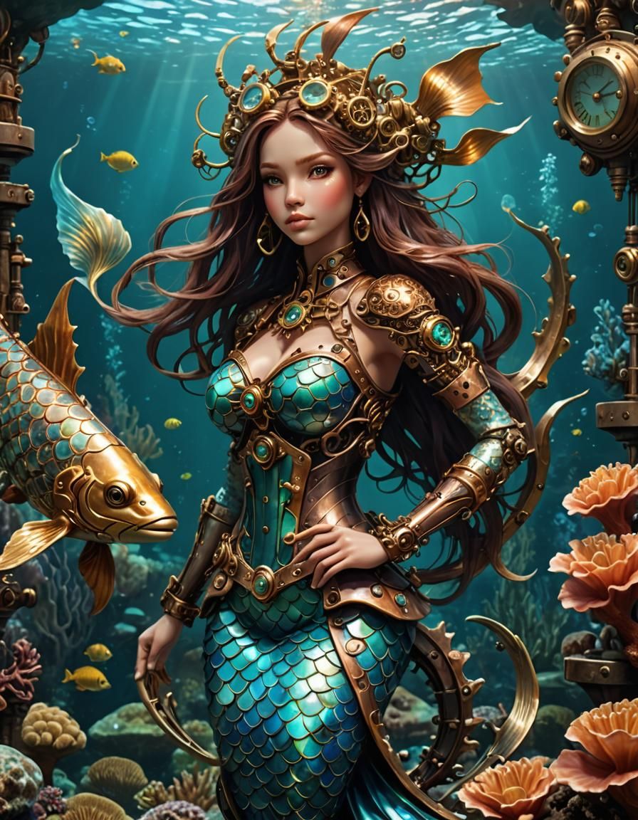 Steampunk Mermaid in Azure Sea with Brass Gears