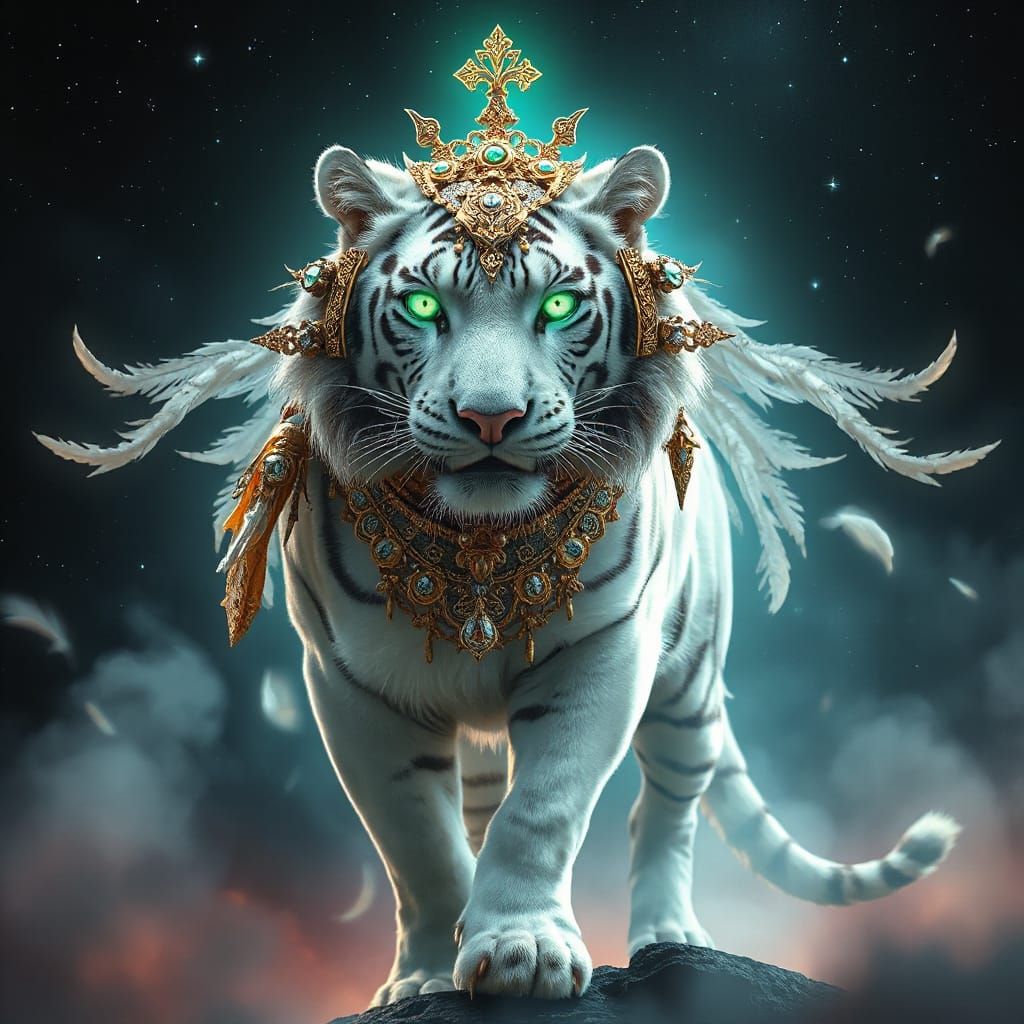 Celestial White Tiger with Emerald Eyes and Golden Mask