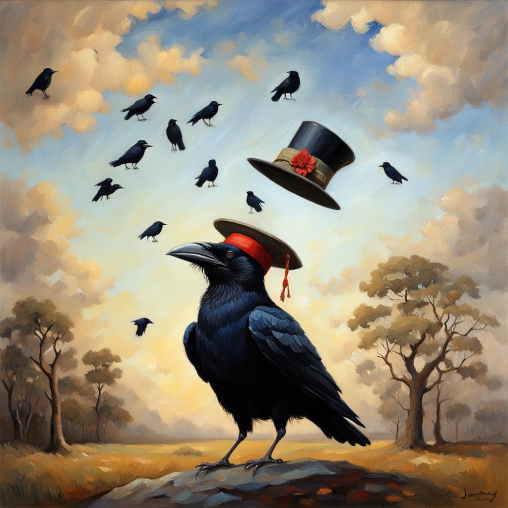 Crow with Silly Hat in Oil Painting Style