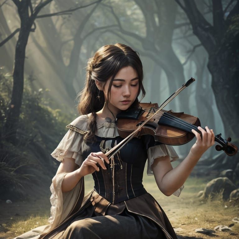 Woman's Tears Transform Yarn into Violin: Fantasy Art