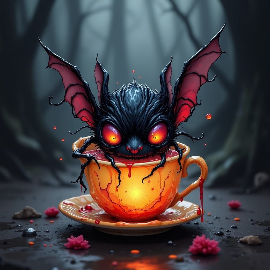 Chibi Vampire Bat in a Glowing Teacup: A Maximalist Masterpi...